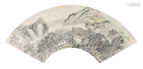 姜筠（1847～1919） 老屋孤城 扇片 设色纸本