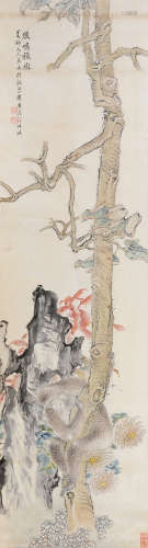 陆恢（1851～1920） 猿鸣秋树 立轴 设色纸本