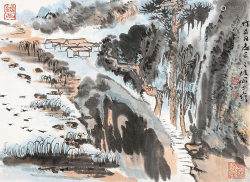 陆俨少（1909～1993） 松岩幽居 镜片 设色纸本