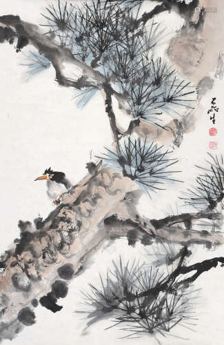 黄磊生（1928～2018） 松阴鸟栖 镜片 设色纸本