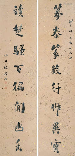 沈葆桢（1820～1879） 行书八言联 立轴 水墨洒金笺本