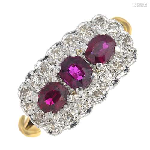 A mid 20th century ruby and diamond ring.Total ruby weight 0.77ct.Estimated total diamond weight