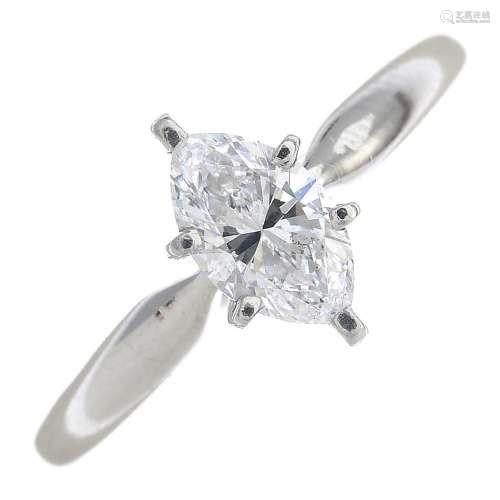 A platinum marquise-cut diamond single-stone ring.Diamond weight 0.53ct,