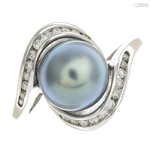 (23350) A cultured pearl and diamond ring.Estimated total diamond weight 0.20ct.