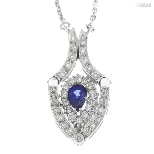 An 18ct gold sapphire and diamond adaptable necklace.Estimated total diamond weight 0.20ct.