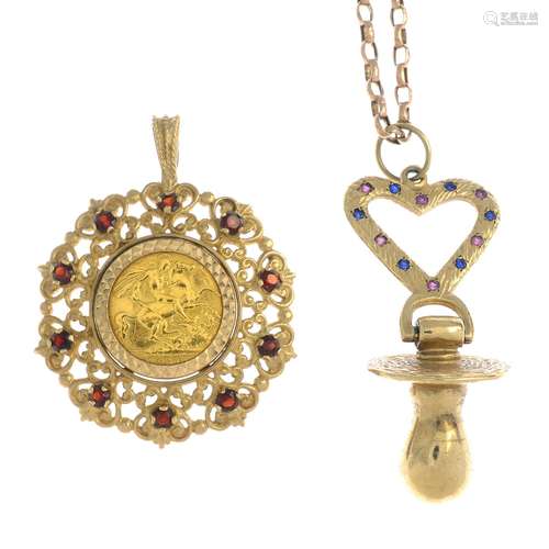 (23434) Two 9ct gold gem-set pendants,