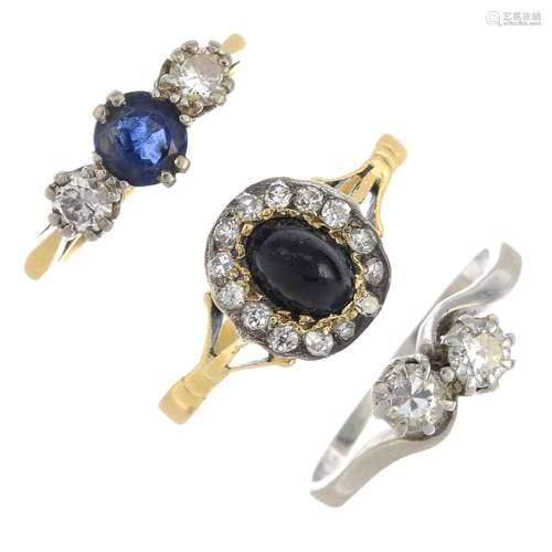 (23865) Four sapphire and diamond rings.Two stamped 18ct.