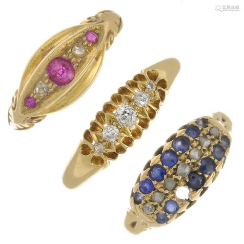 (23885) Three early 20th century diamond and gem-set rings together with a diamond ring.One stone