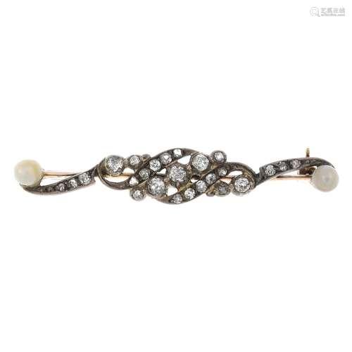 (23892) A late 19th century diamond and cultured pearl brooch.One paste replacement.Estimated total