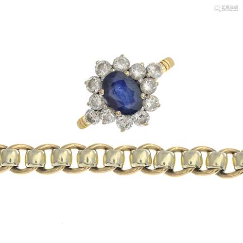 (65003) An 18ct gold sapphire and diamond cluster ring and a 9ct gold bracelet.Sapphire calculated