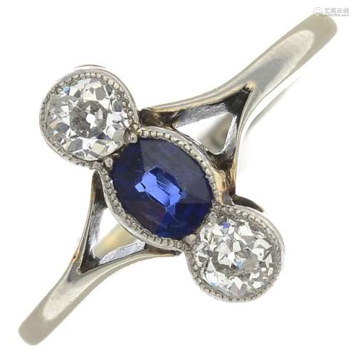An early 20th century gold sapphire and diamond ring.Sapphire calculated weight 0.38ct,