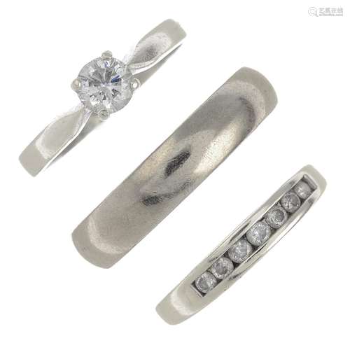 (54876) Two 9ct gold diamond rings and a 9ct gold band ring.Principal diamond estimated weight