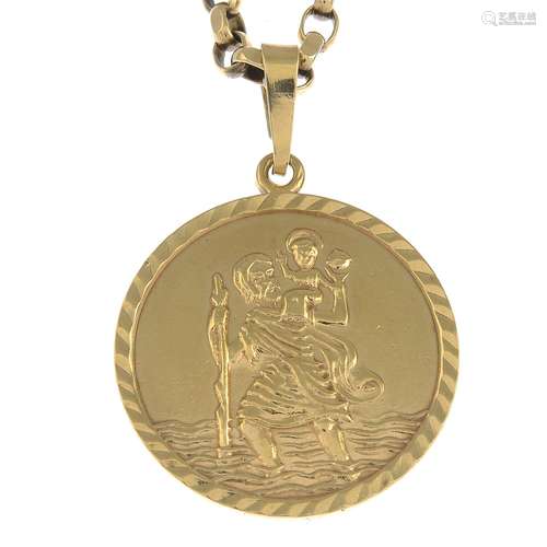 (54927) A St Christopher pendant, suspended from a curb-link chain.Length of pendant 4.1cms.