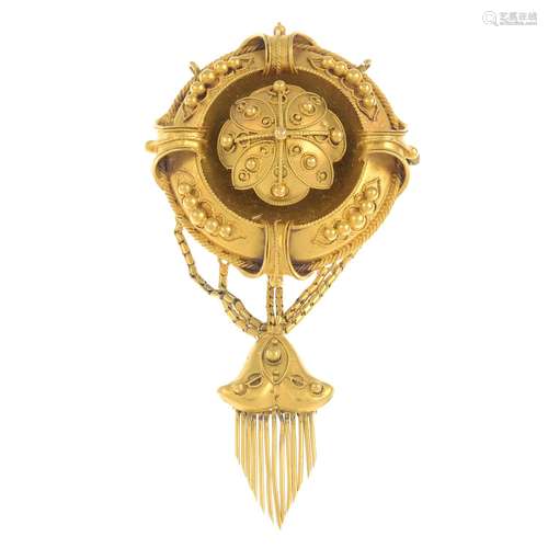 A late 19th century gold brooch, with fringe drop.Length 7.5cms.