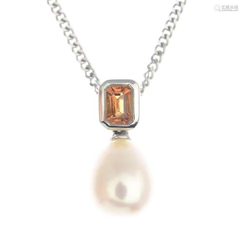 An 18ct gold cultured pearl and sapphire pendant,