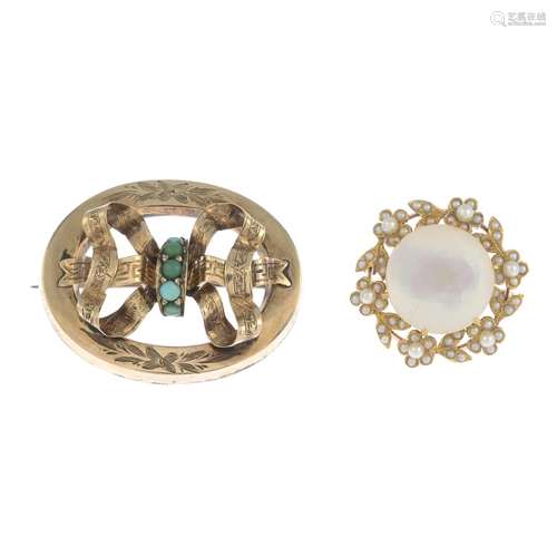 Two gold late 19th century gem-set brooches.Gems include turquoise,