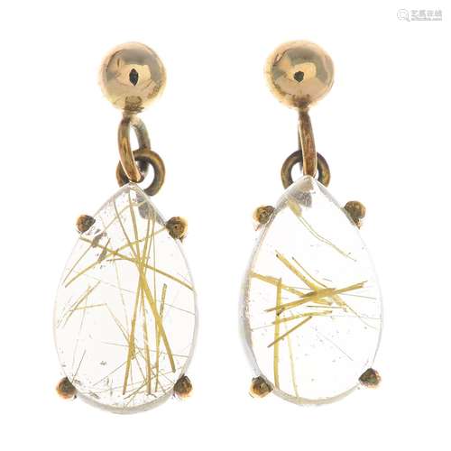 A pair of 9ct gold rutilated quartz drop earrings.Rutilated quartz total calculated weight 5.68cts,