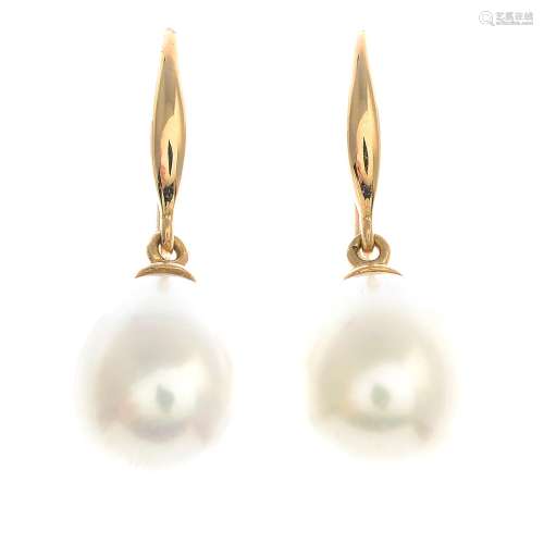 A pair of cultured pearl drop earrings.Stamped 750.Cultured pearl approximate diameter 9.4mms.