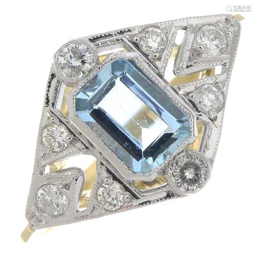 An aquamarine and diamond dress ring.Estimated total diamond weight 0.25ct,
