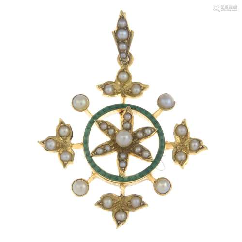 An early 20th century gold split pearl and enamel pendant.Stamped 15ct.Length 3.6cms.