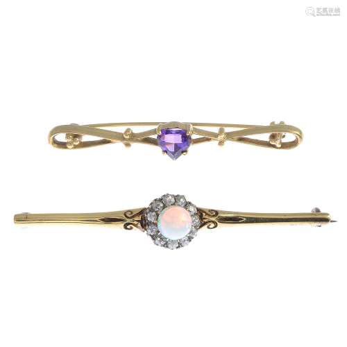 A late19th century gold opal and diamond bar brooch,