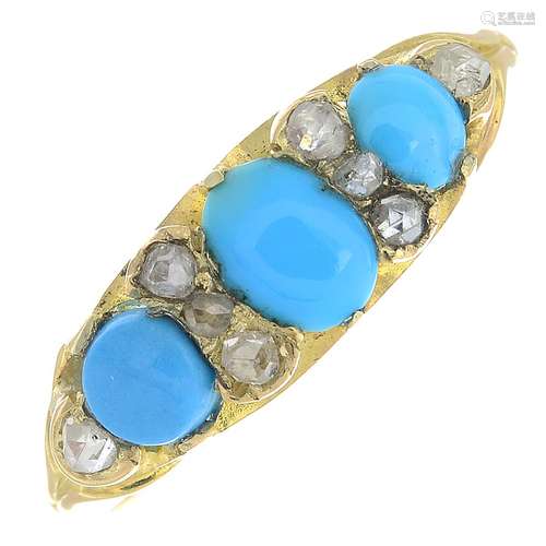 An early 20th century gold reconstituted turquoise and diamond ring,