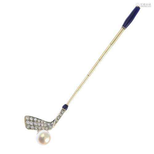 A diamond, cultured pearl and enamel golf club brooch.Estimated total diamond weight