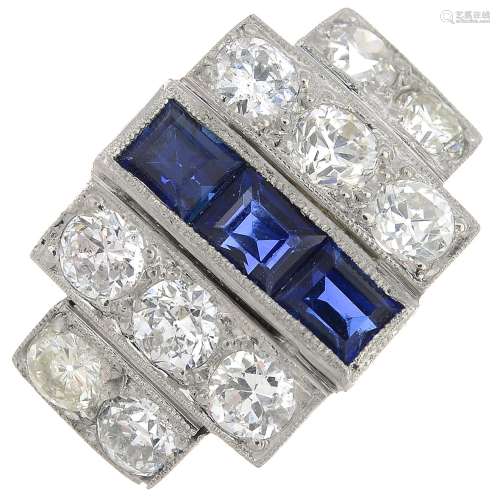 A sapphire and diamond dress ring.Total calculated sapphire weight 1.17cts,