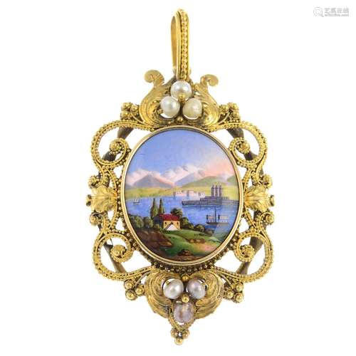 A mid 19th century gold seed pearl pendant, with later landscape panel.Length 6.1cms.