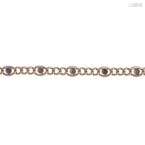 An early 20th century 9ct gold amethyst cabochon bracelet.Hallmarks for Sheffield,