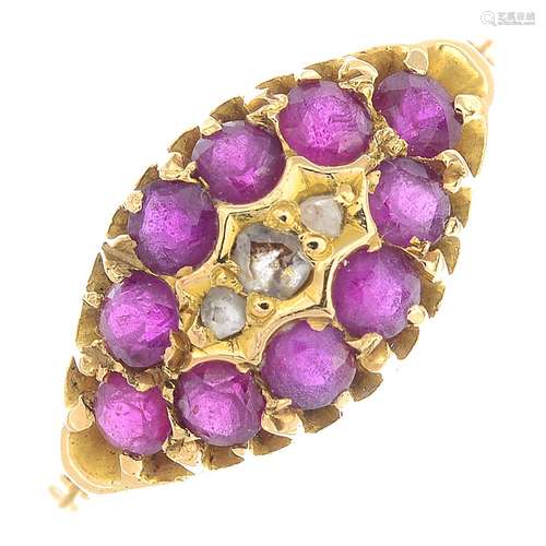 An early 20th century 18ct gold ruby and diamond dress ring.Hallmarks for London.Ring size O.