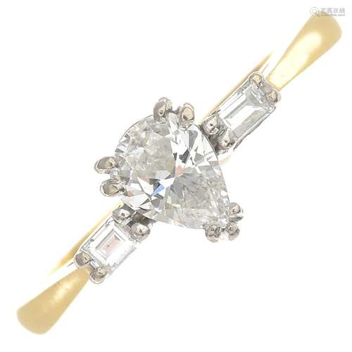 An 18ct gold diamond three-stone ring.Estimated total diamond weight 0.60ct,