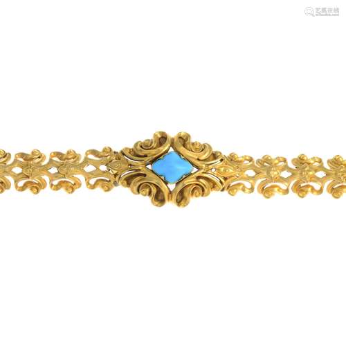 A mid 19th century gold reconstituted turquoise bracelet.Length 18cms.