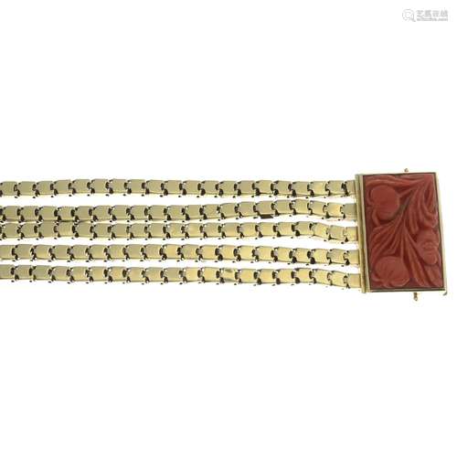 A five-row bracelet, with coral clasp.Stamped 585.Length 18cms.