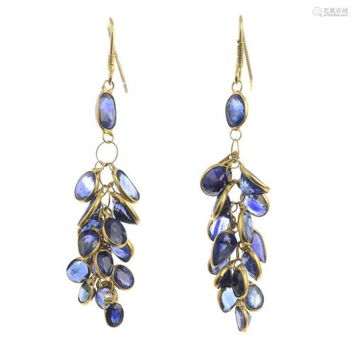 A pair of sapphire earrings.Marked 585.Length 4cms.