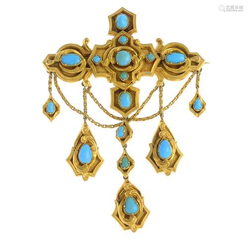 A mid Victorian gold turquoise memorial brooch.Length 7.6cms.