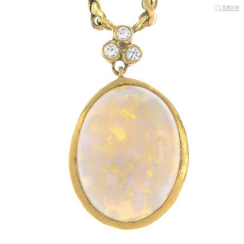 An 18ct gold opal and diamond pendant,