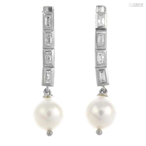 A pair of diamond and cultured pearl drop earrings.Estimated total diamond weight 0.56ct.