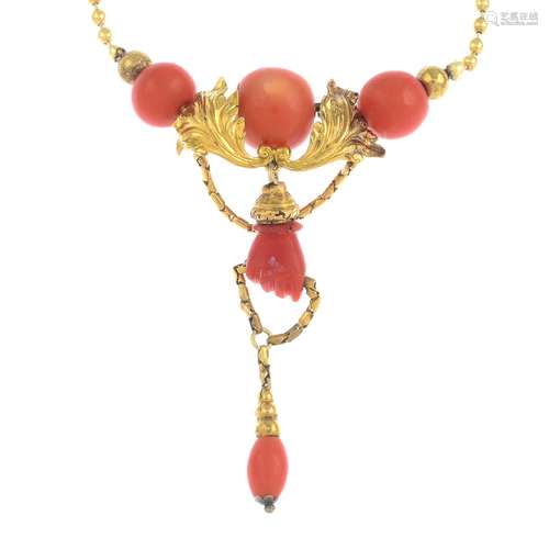 A mid 19th century gold coral necklace,