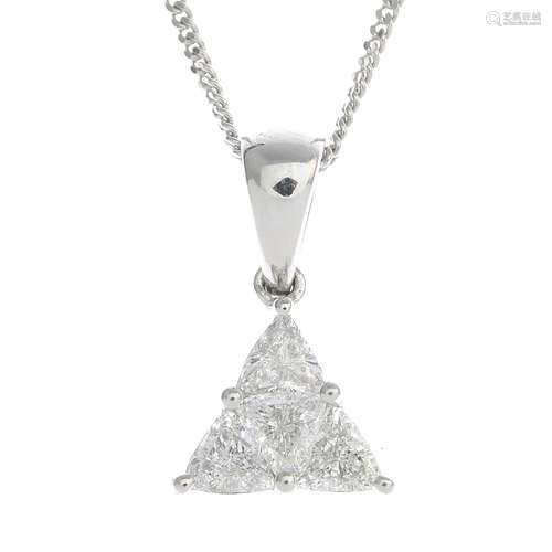 A diamond pendant, suspended from a curb-link chain.Total diamond weight 0.42ct.