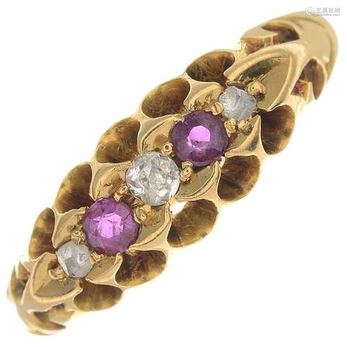 An Edwardian 18ct gold ruby and diamond boat ring.Hallmarks for Birmingham, 1906.Ring size O.