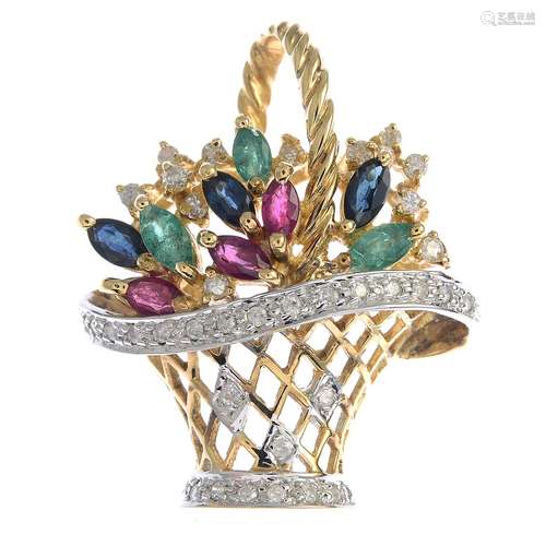 A gold multi-gem set basket brooch.Gems to include diamond,