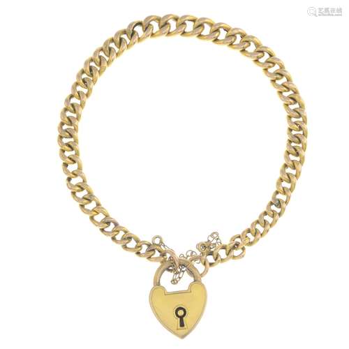 A curb-link bracelet, with heart-shape padlock clasp.Clasp stamped 9ct.Length 18cms.