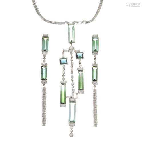 A tourmaline and diamond jewellery set, to include a necklace and earrings.One diamond deficient.