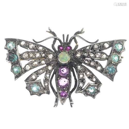 A gem-set and diamond butterfly brooch.Length 4cms.