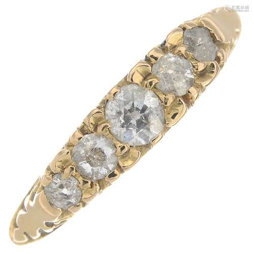 An early 20th century 18ct gold diamond five stone ring.Estimated total diamond weight 0.40ct,