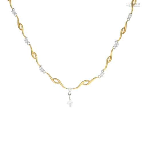 An 18ct gold fancy link diamond necklace, with diamond drop.