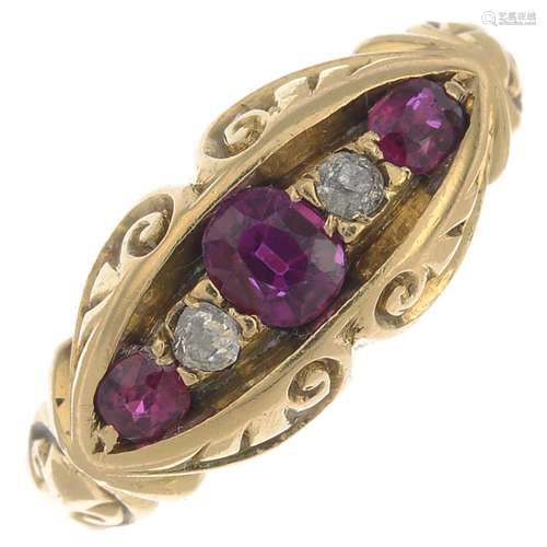 An early 20th century 18ct gold ruby and diamond ring.Hallmarks for Chester.Ring size L1/2.