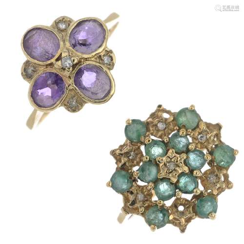 Two 9ct gold gem-set and diamond cluster rings.Gems include amethyst and emerald.Hallmarks for