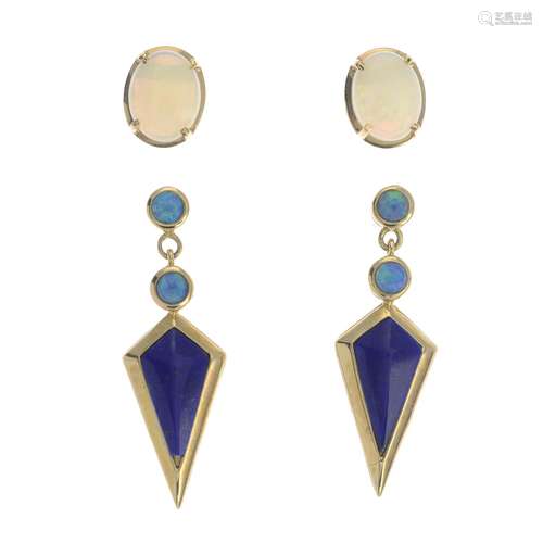 A pair of opal earrings, together with a pair of opal and lapis lazuli earrings.